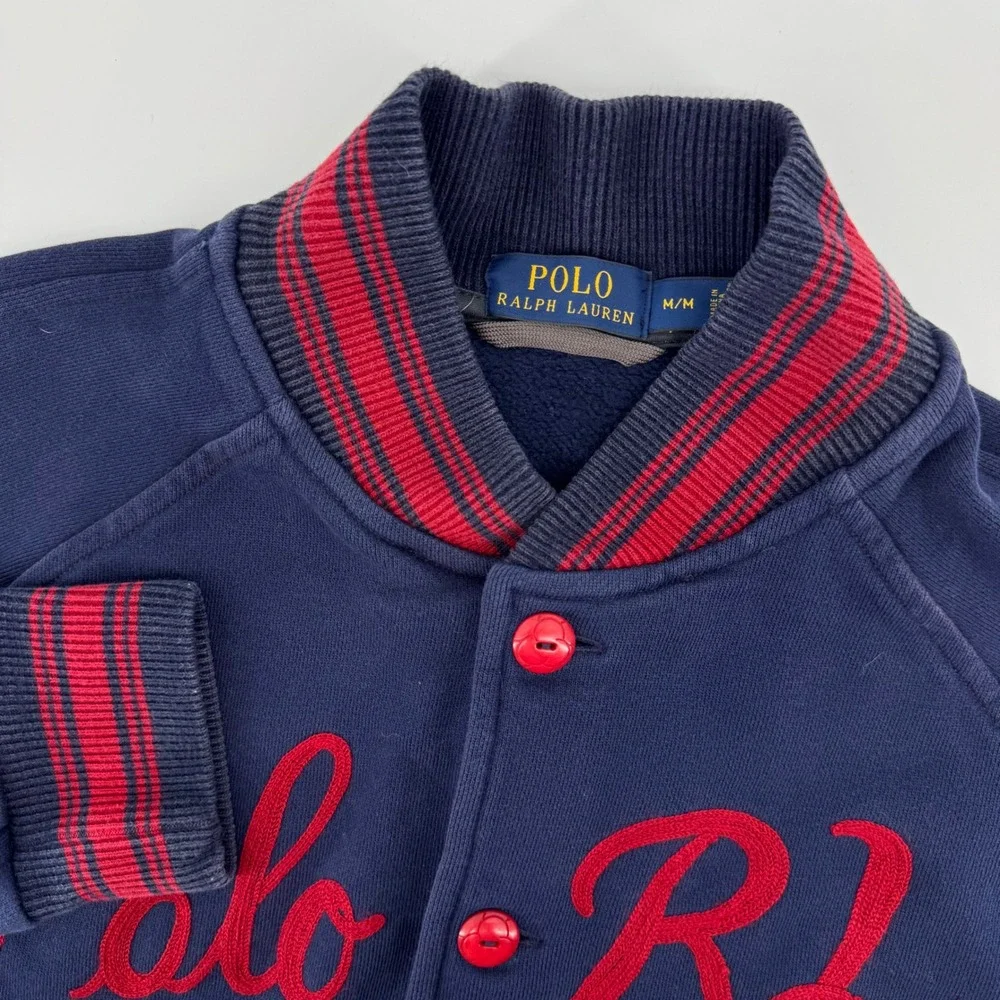 Polo Ralph Lauren Varsity Jacket Men M Navy Blue Red Embroidered Snap Sweatshirt